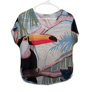 Malu Blouse Women's Small Colorful V-Neck Short Sleeve Artsy Top Shirt